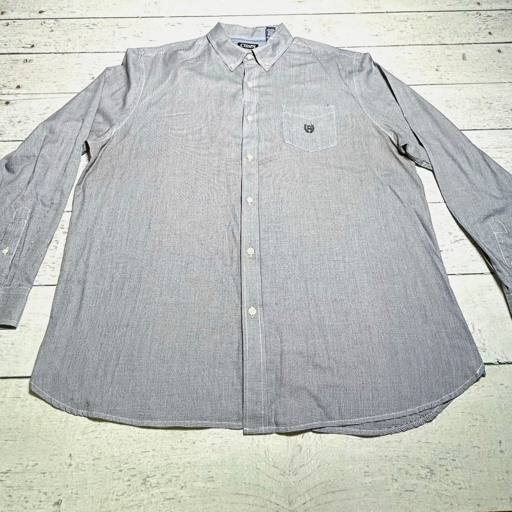 Chaps Men’s Blue/White Houndstooth Long Sleeve Button-Up Shirt Pockets 2XL